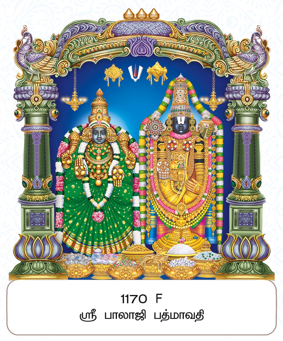 11x17 Fancy Cut Sri Balaji Padmavathi – Ornate Peacock Pillars & Pots of Abundance
