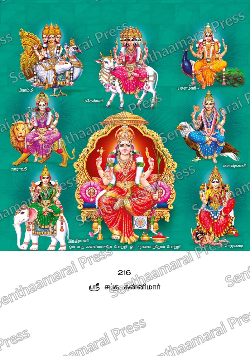 Lotus 10x15 Lamination Board | Sri Saptha Kannimar – Seven Sacred Mother Goddesses LDB - Readymade board with mount & Panchangam — 10x15 Lamination Board | Senthaamarai Press